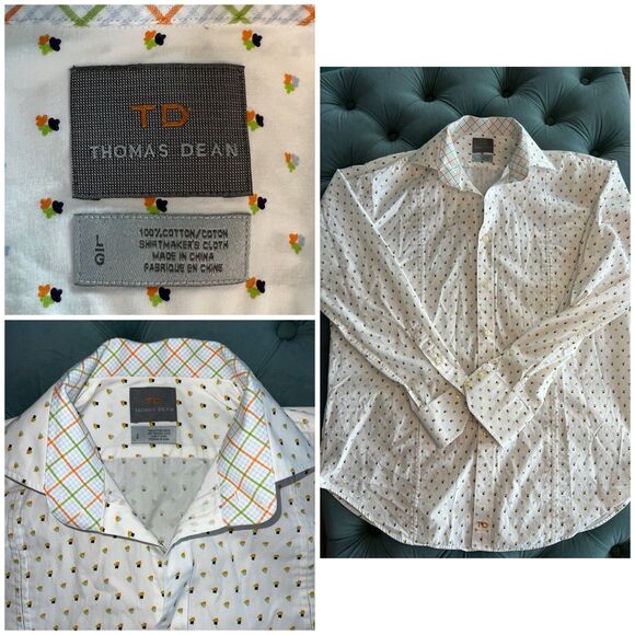 Thomas Dean button down up sport dress shirt flip cuff patterned embroidered L - Picture 1 of 8
